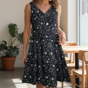 Eva Rose Size Large V-Neck Sun Moon Celestial Retro Pin Up Full Skirt Midi Dress